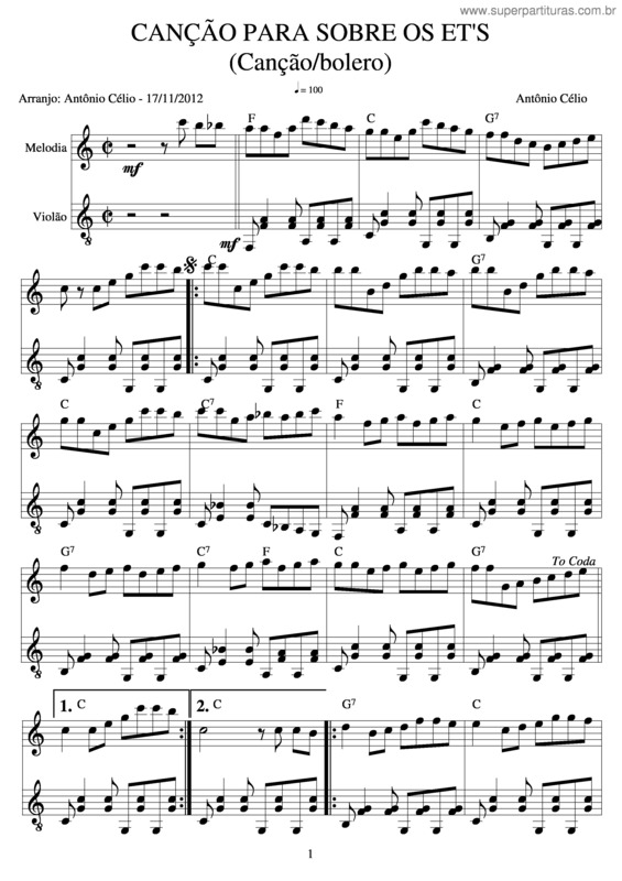 Partitura da música Canção Para Os Et`S