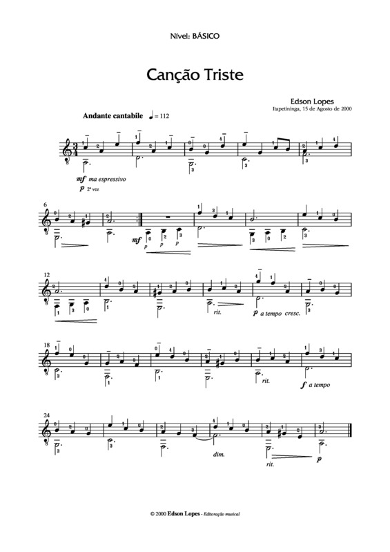 Partitura da música Canção Triste