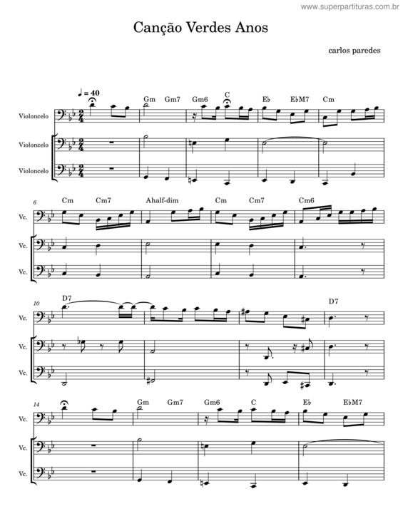 Partitura da música Canção Verdes Anos – Carlos Paredes