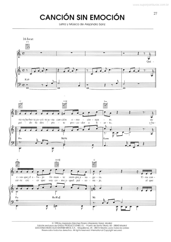 Partitura da música Canción Sin Emoción