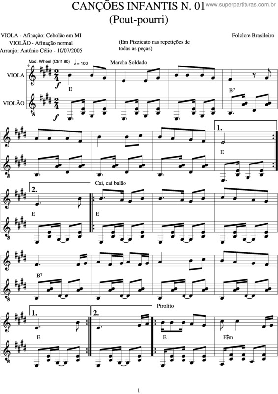 Partitura da música Canções Infantís