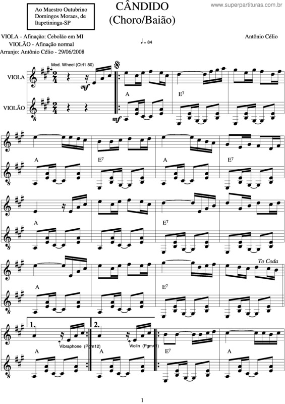 Partitura da música Cândido