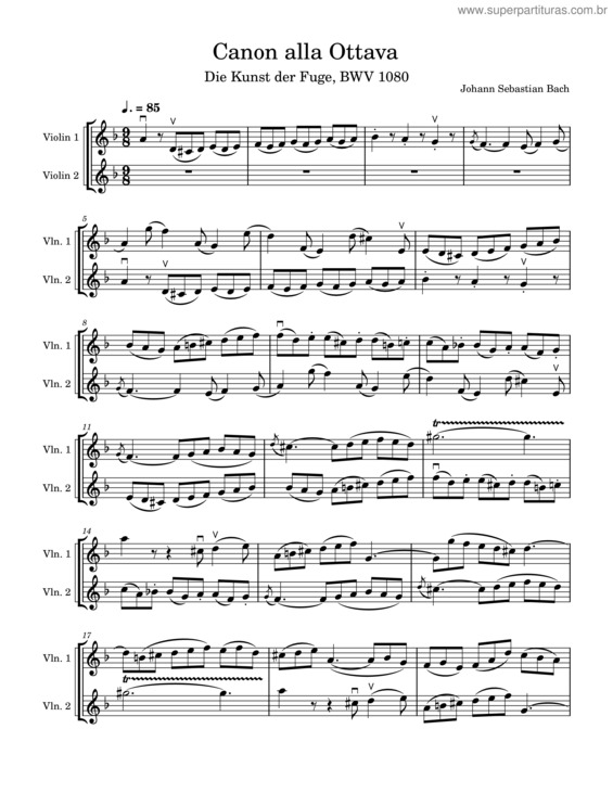 Partitura da música Canon Alla Ottava From Die Kunst Der Fuge Bwv 1080, Violin Duet – Johann Sebastian Bach