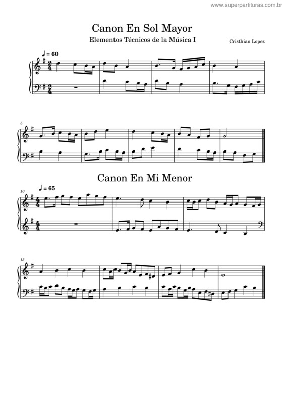 Partitura da música Canon En Sol Mayor Y En Mi Menor