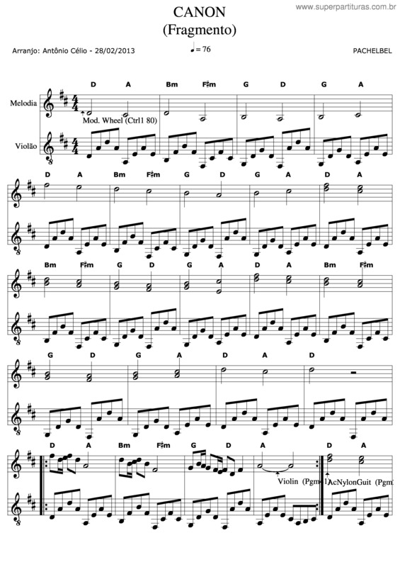 Partitura da música Canon