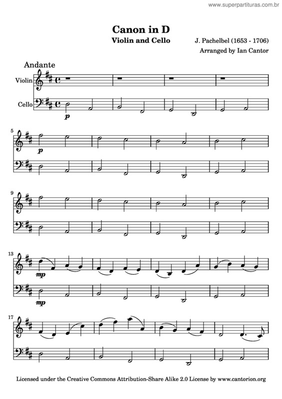Partitura da música Cânone em Ré Maior v.5