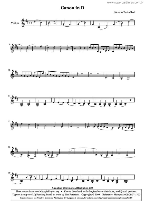 Partitura da música Cânone em Ré Maior v.6
