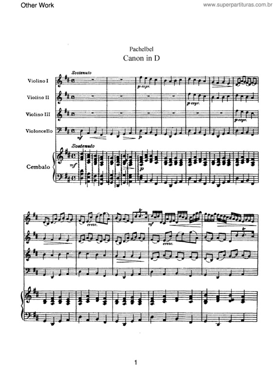 Partitura da música Cânone em Ré Maior v.7