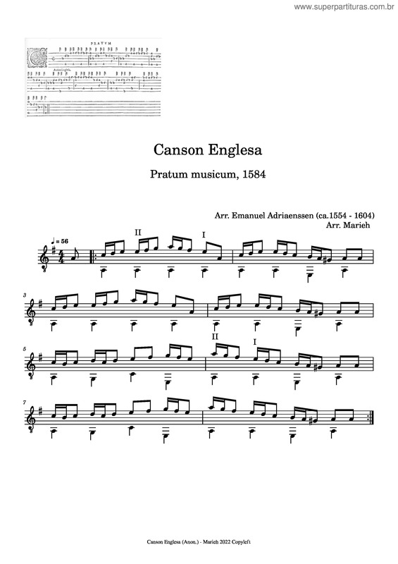 Partitura da música Canson Englesa – Emanuel Adriaenssen v.2