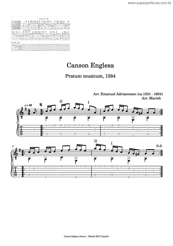 Partitura da música Canson Englesa – Emanuel Adriaenssen