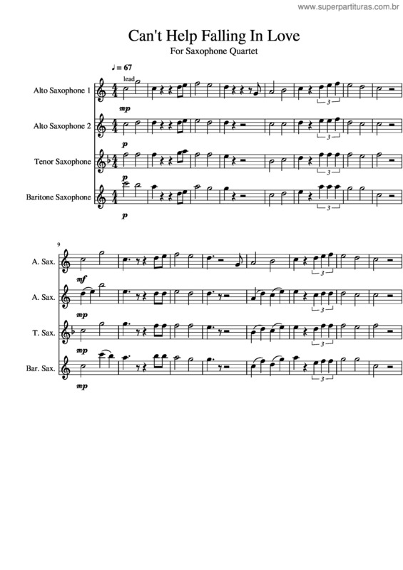 Partitura da música Cant Help Falling In Love – Sax Quartet