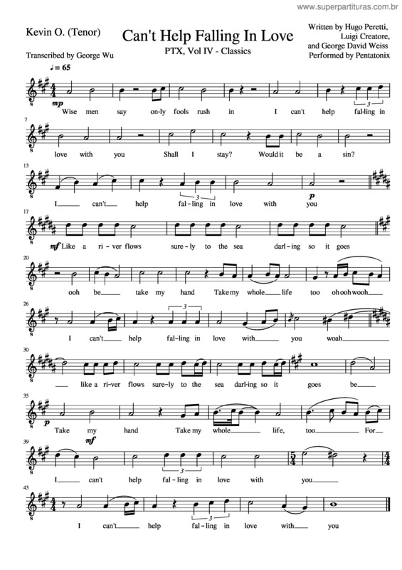 Partitura da música Cant Help Falling In Love–Kevin O.–Tenor