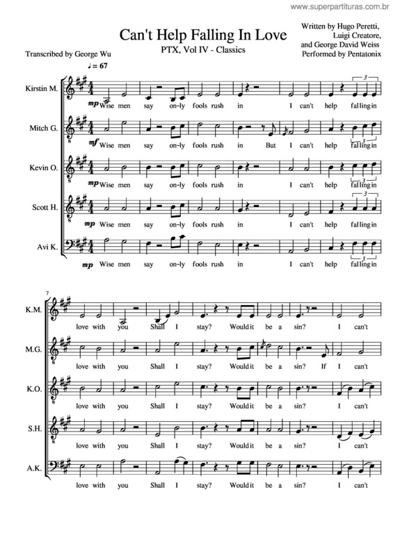 Partitura da música Cant Help Falling In Love Pentatonix Full Sheet Music W Lyrics v.3