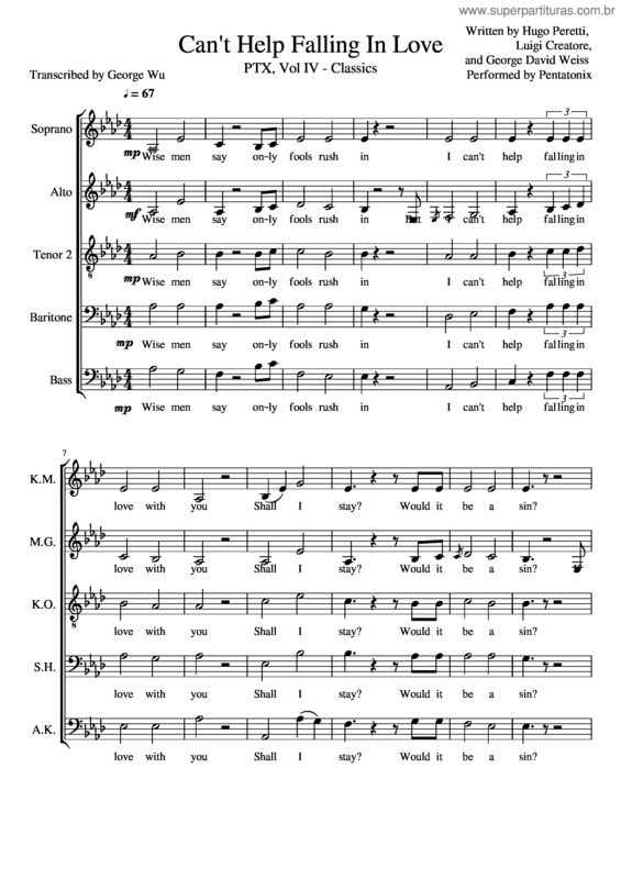 Partitura da música Cant Help Falling In Love Pentatonix Full Sheet Music W Lyrics
