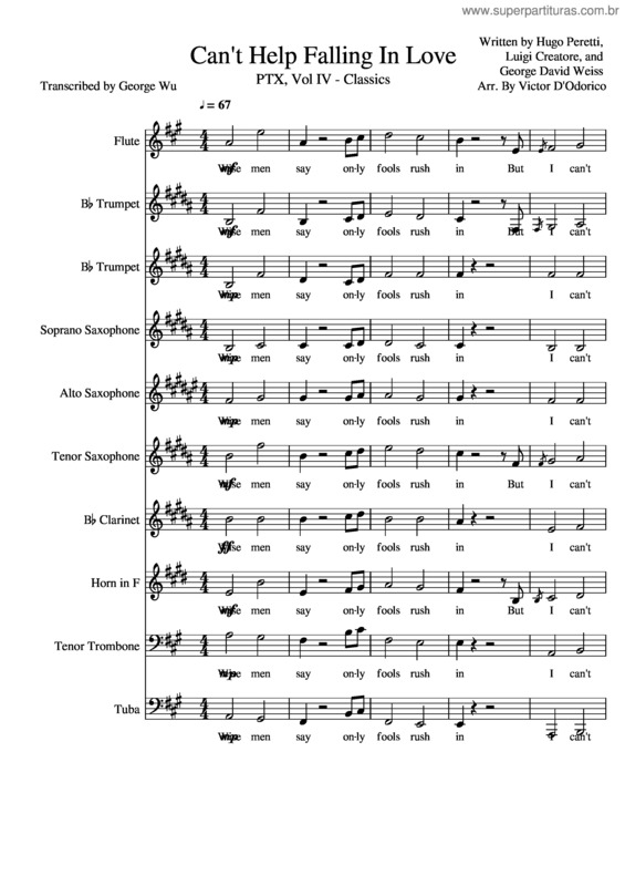 Partitura da música Cant Help Falling In Love Pentatonix W Lyrics