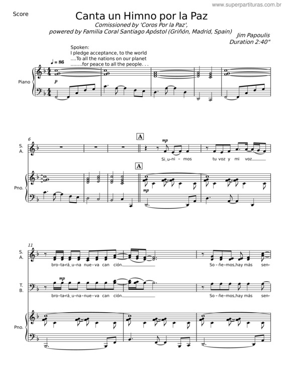 Partitura da música Canta Un Himno Por La Paz – Jim Papoulis