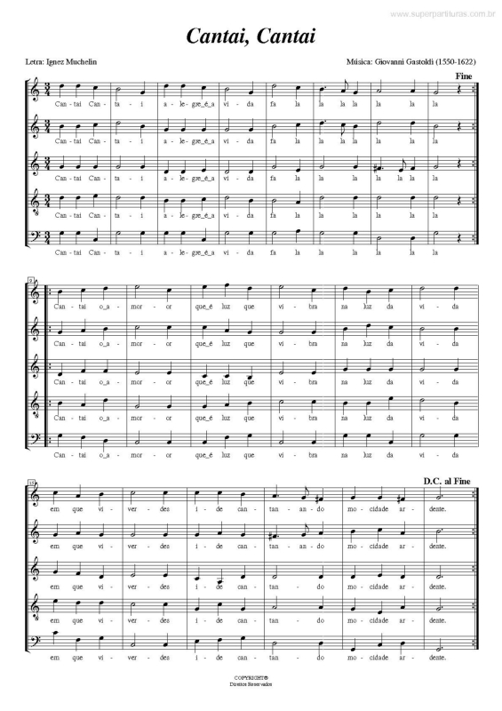 Partitura da música Cantai, Cantai