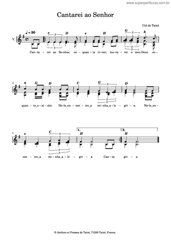 Partitura da música Cantarei Ao Senhor – Taizé