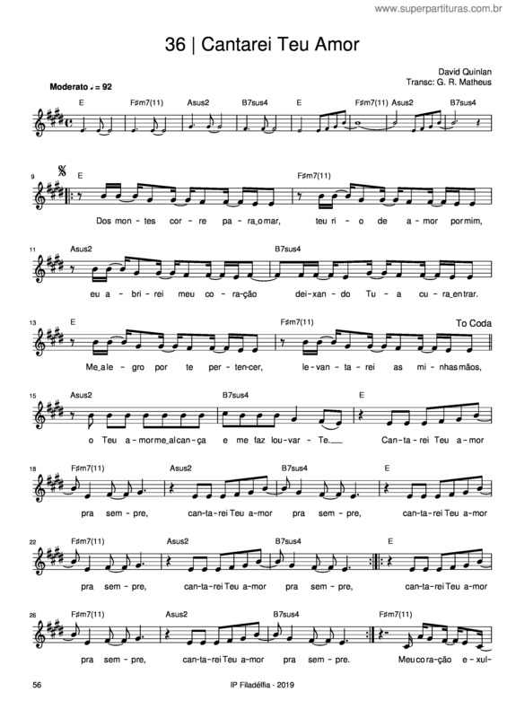 Partitura da música Cantarei Ao Teu Nome – David Quinlan