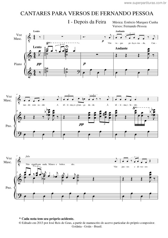 Partitura da música Cantares para versos de Fernando Pessoa