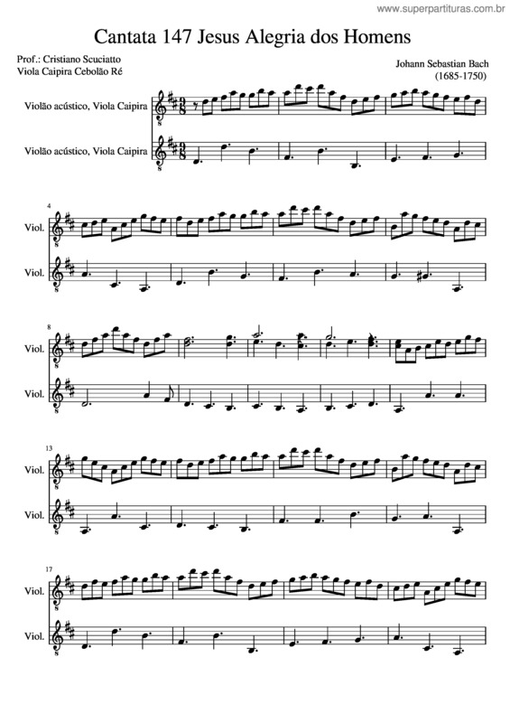 Partitura da música Cantata Jesus Alegria Dos Homens Arranjo Para 2 Violas Caipiras Cebolao Re