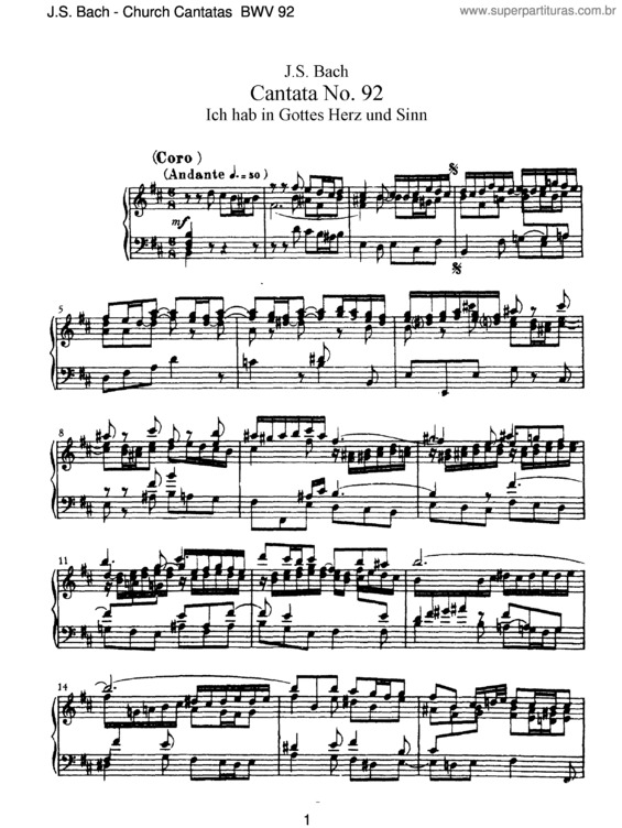 Partitura da música Cantata No. 92