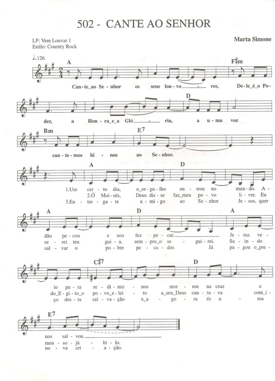Partitura da música Cante ao Senhor