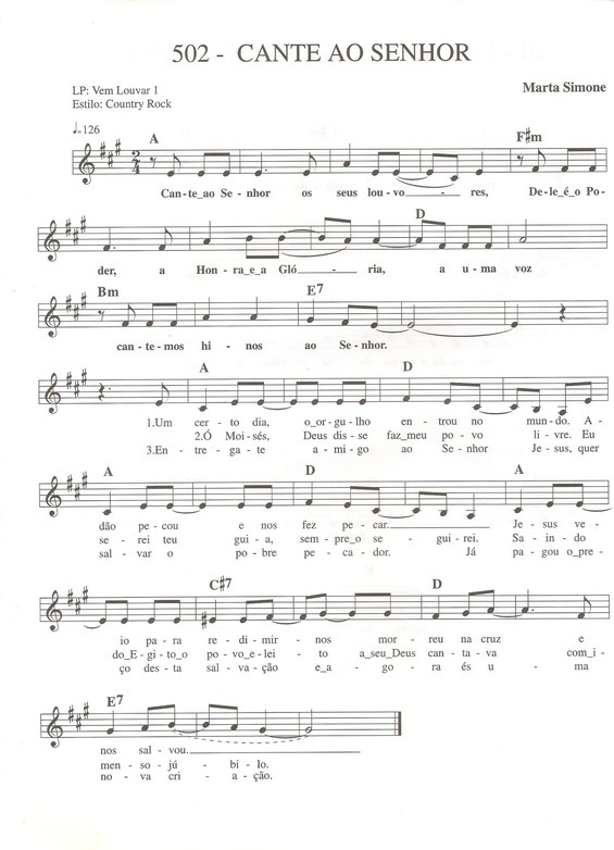 Partitura da música Cante ao Senhor