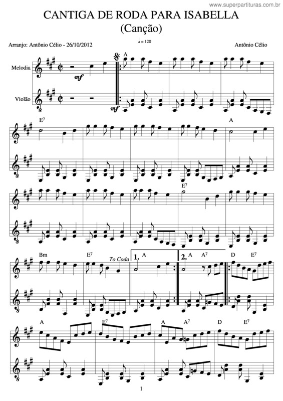 Partitura da música Cantiga De Roda Para Isabella