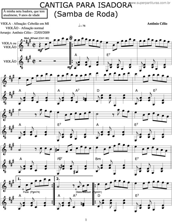 Partitura da música Cantiga Para Isadora