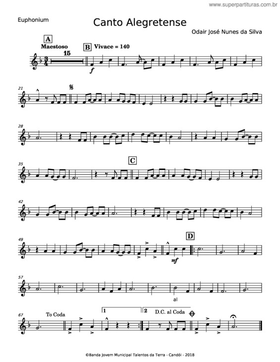 Partitura da música Canto Alegretense – Grupo Molejo;Odair José Nunes Da Silva