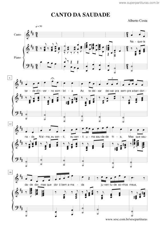 Partitura da música Canto da saudade