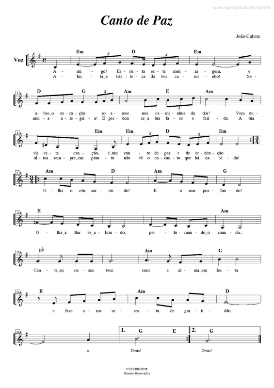 Partitura da música Canto de Paz