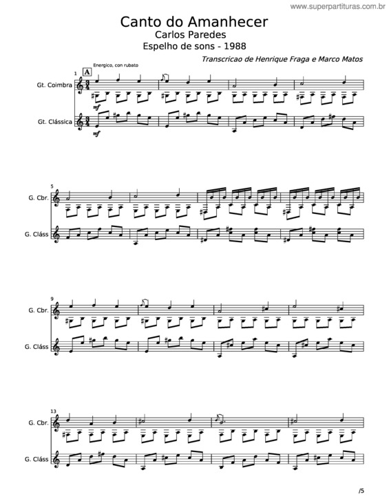 Partitura da música Canto Do Amanhecer – Carlos Paredes