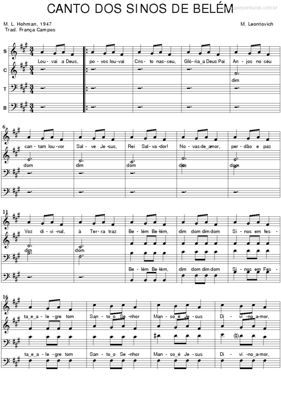 Partitura da música Canto dos Sinos de Belém