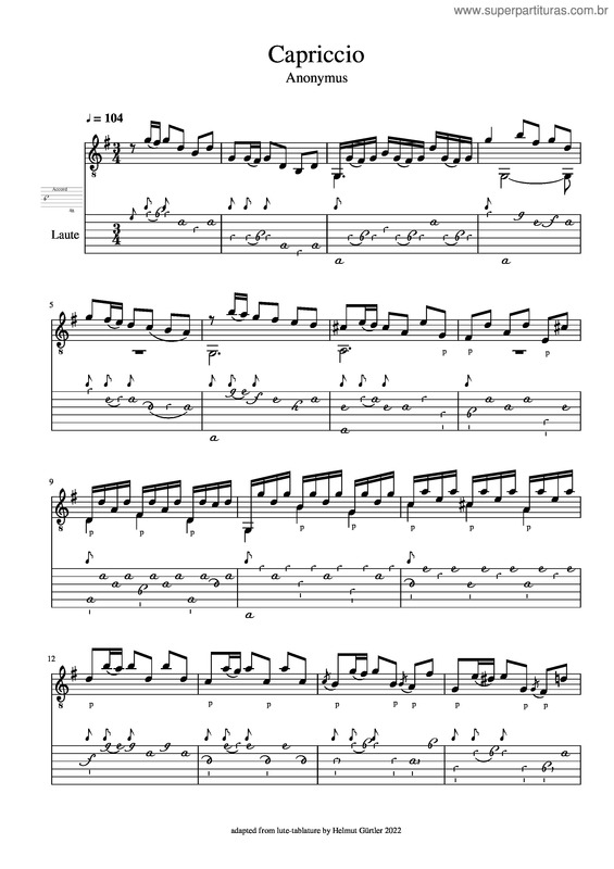Partitura da música Capriccio For Lute– Anonymus
