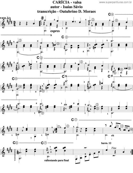 Partitura da música Carícia v.2