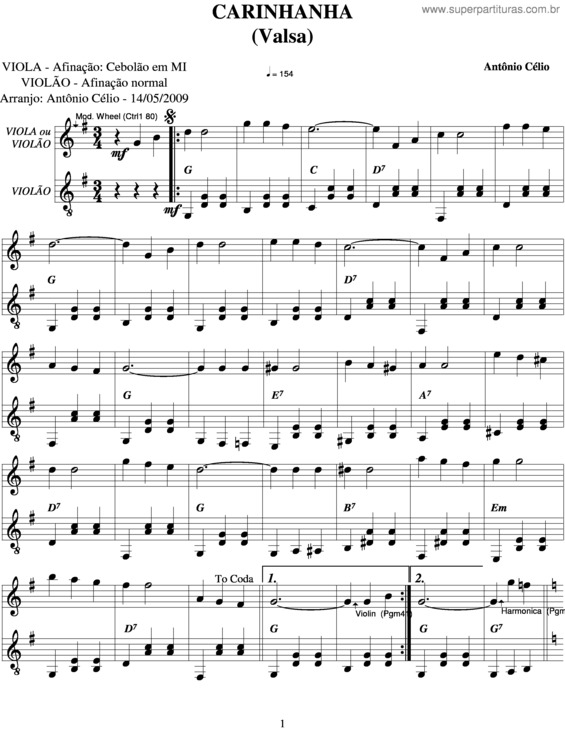 Partitura da música Carinhanha v.3