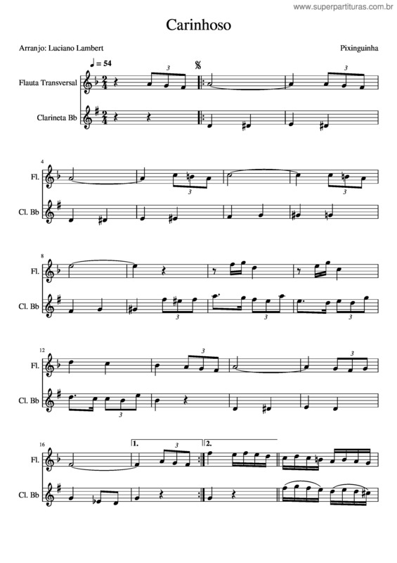 Partitura da música Carinhoso – Flauta E Clarinete – Sem Intro