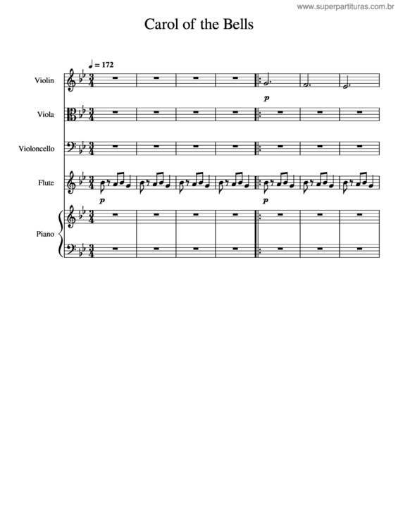 Partitura da música Carol Of The Bells – Violin, Viola, Cello, Flute, & Piano