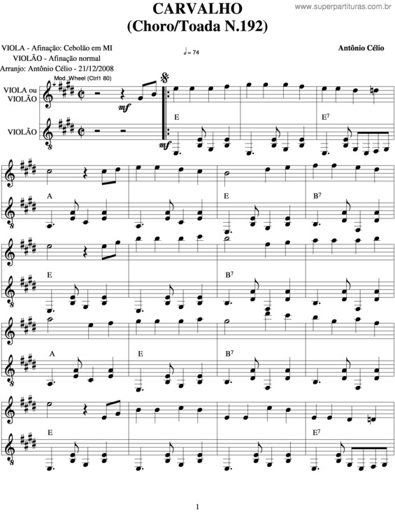 Partitura da música Carvalho