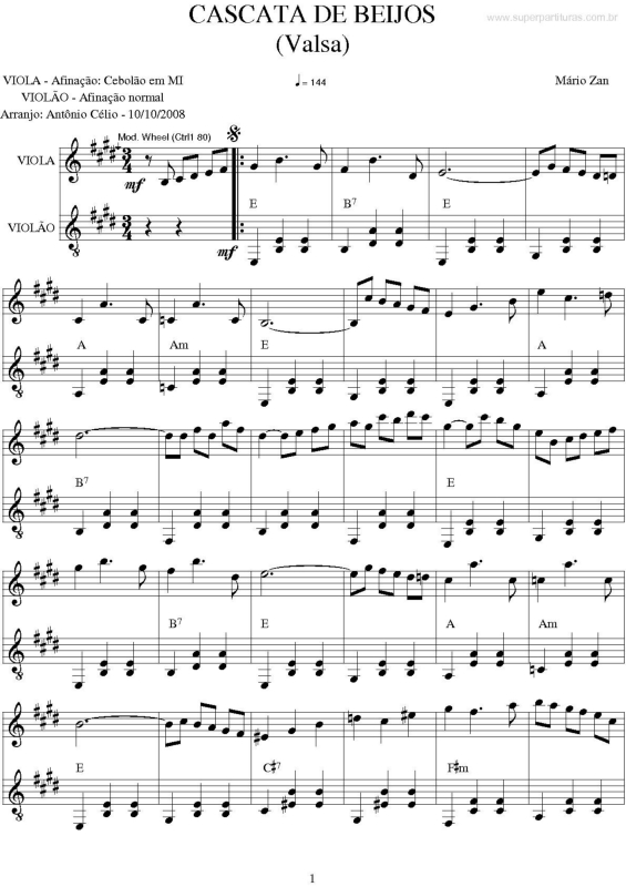 Partitura da música Cascata de Beijos