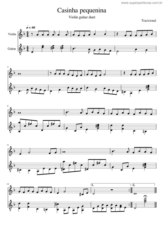 Partitura da música Casinha Pequenina Violin Guitar