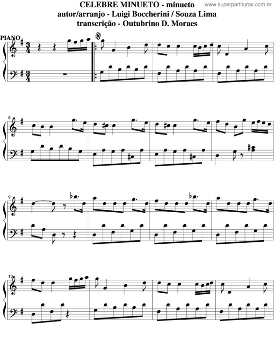 Partitura da música Célebre Minueto