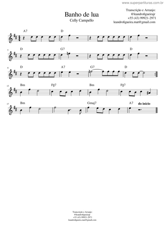 Partitura da música Celly Campello – Banho De Lua – F. Migliacci
