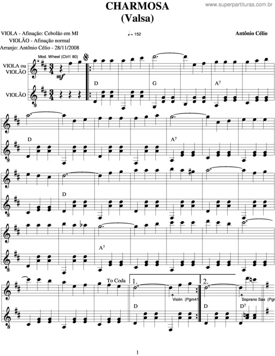 Partitura da música Charmosa