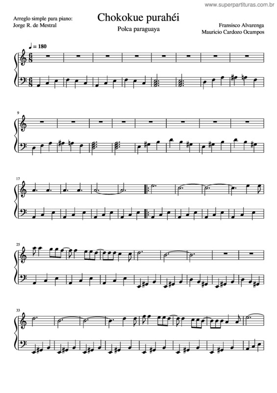 Partitura da música Chokokue Purahéi Fransisco Alvarenga Mauricio Cardozo Ocampos