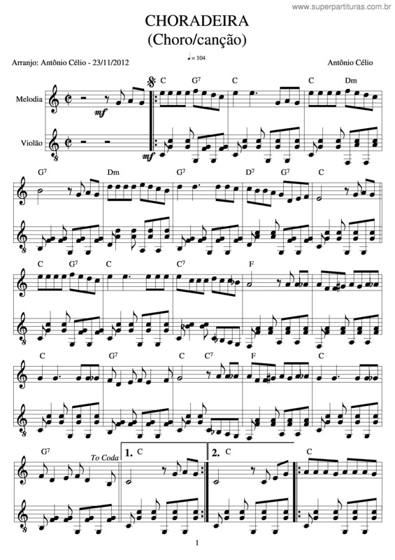 Partitura da música Choradeira