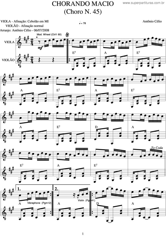 Partitura da música Chorando Macio