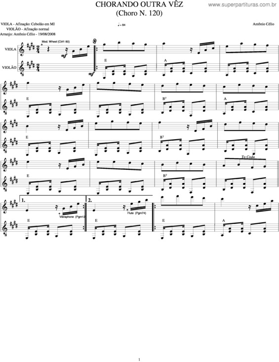 Partitura da música Chorando Outra Vez 